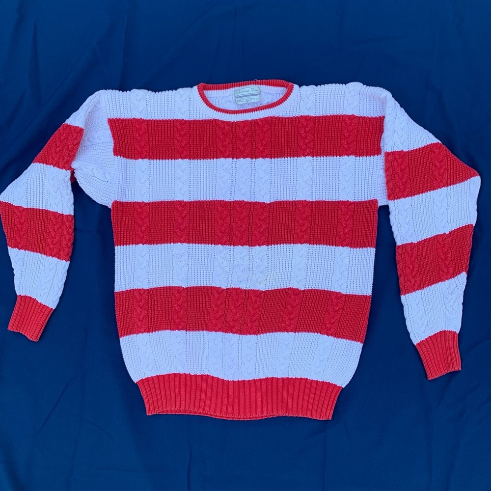 Vintage Christian Dior Red White Cable Knit Sweater Size Medium Unisex.